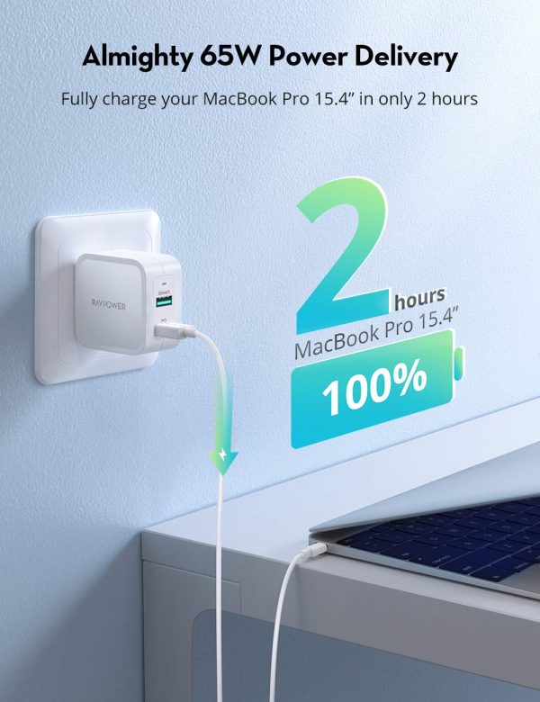 RAVpower PD Pioneer 65W GaN Tech USB C Wall Charger with USB C to USB C Cable - RP-PC133 - US Plug - Black - Image 3