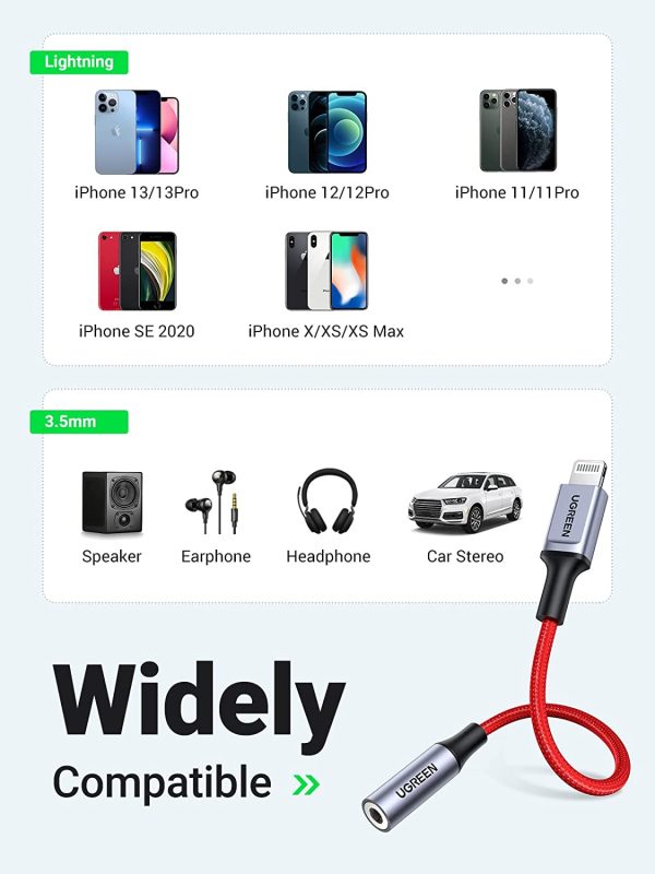 UGREEN Headphones Adapter for Apple MFi Certified iPhone Lightning to 3.5mm Jack Converter - 10 cm - Red - 70507 - Image 3