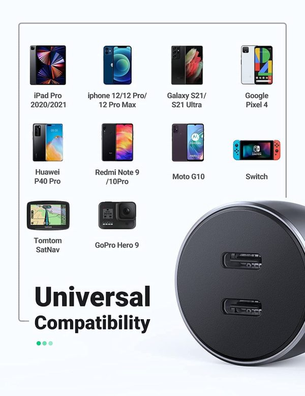 61dJxuK908L._AC_SL1300_ UGREEN Car Charger 40W Car Charger Adapter Fast Charging 40W PD 3.0 Metal Dual USB C Car Charger Adapter - 70594 - Image 2