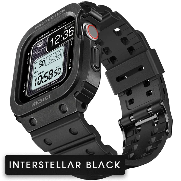 Apple Watch Band & Case amBand Moving Fortress Classic Stainless Steel Bumper with TPU Military Strap for Apple Watch Series 7/6/SE/5/4 45mm / 44 mm - Interstellar Black - Image 1