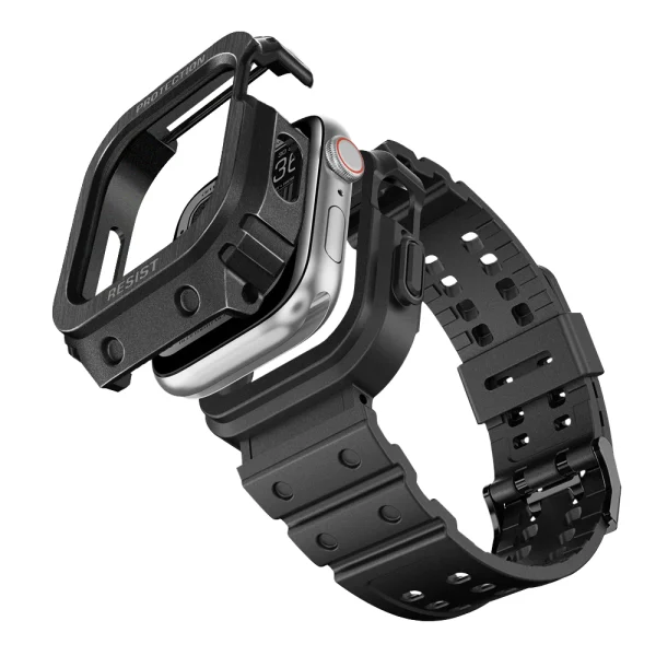 Apple Watch Band & Case amBand Moving Fortress Classic Stainless Steel Bumper with TPU Military Strap for Apple Watch Series 7/6/SE/5/4 45mm / 44 mm - Interstellar Black - Image 2