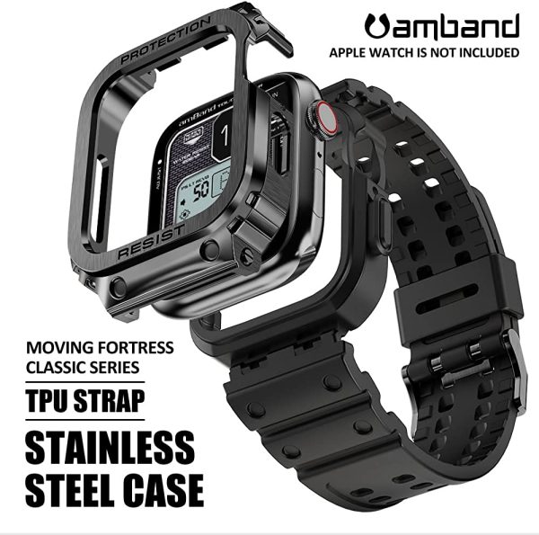 Apple Watch Band & Case amBand Moving Fortress Classic Stainless Steel Bumper with TPU Military Strap for Apple Watch Series 6/SE/5/4 40 mm - Comet Black - Image 3