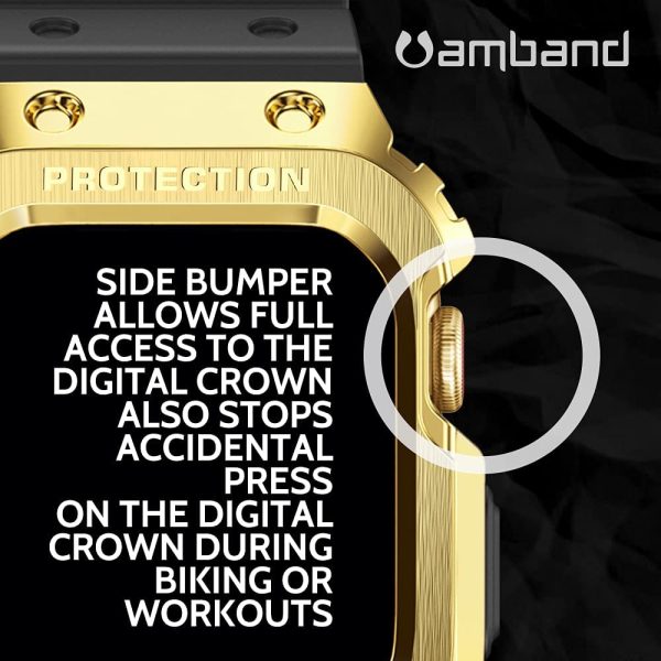 61eOvBi4AJS._AC_UL1000_ Apple Watch Band & Case amBand Moving Fortress Classic Stainless Steel Bumper with TPU Military Strap for Apple Watch Series 6/SE/5/4 44 mm - Saturn Gold - Image 2