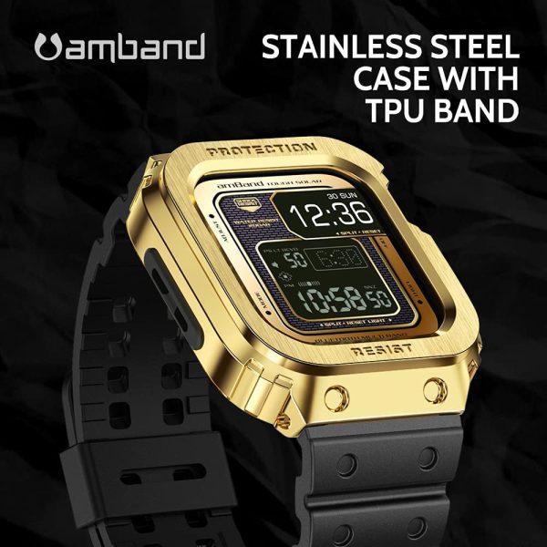 61jldnG2wkS._AC_UL1000_ Apple Watch Band & Case amBand Moving Fortress Classic Stainless Steel Bumper with TPU Military Strap for Apple Watch Series 6/SE/5/4 44 mm - Saturn Gold - Image 3