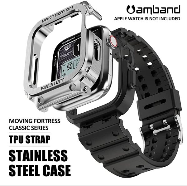 Apple Watch Band & Case amBand Moving Fortress Classic Stainless Steel Bumper with TPU Military Strap for Apple Watch Series 6/SE/5/4 40 mm - Mercury Steel Silver - Image 5