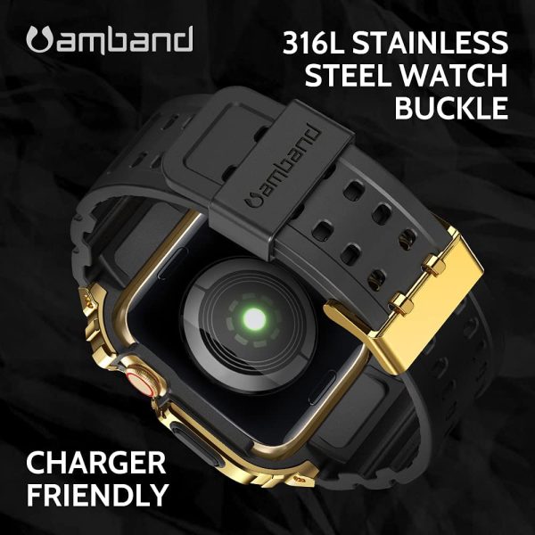 61oVjzaSfTS._AC_UL1000_ Apple Watch Band & Case amBand Moving Fortress Classic Stainless Steel Bumper with TPU Military Strap for Apple Watch Series 6/SE/5/4 44 mm - Saturn Gold - Image 4