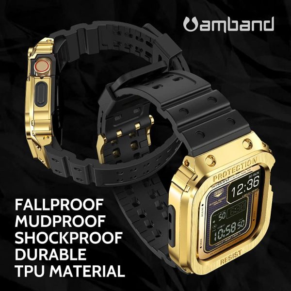 61p2JdHD20S._AC_UL1000_ Apple Watch Band & Case amBand Moving Fortress Classic Stainless Steel Bumper with TPU Military Strap for Apple Watch Series 6/SE/5/4 44 mm - Saturn Gold - Image 5