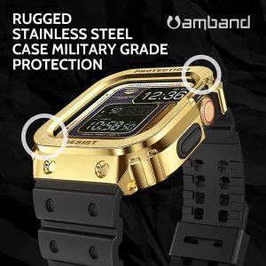 Apple Watch Band & Case amBand Moving Fortress Classic Stainless Steel Bumper with TPU Military Strap for Apple Watch Series 6/SE/5/4 44 mm - Saturn Gold - Image 6
