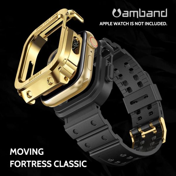61zVpNPV3TL._AC_UL1000_ Apple Watch Band & Case amBand Moving Fortress Classic Stainless Steel Bumper with TPU Military Strap for Apple Watch Series 6/SE/5/4 44 mm - Saturn Gold - Image 7