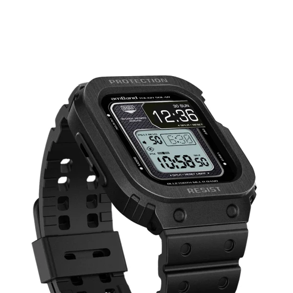 Apple Watch Band & Case amBand Moving Fortress Classic Stainless Steel Bumper with TPU Military Strap for Apple Watch Series 7/6/SE/5/4 45mm / 44 mm - Interstellar Black - Image 4