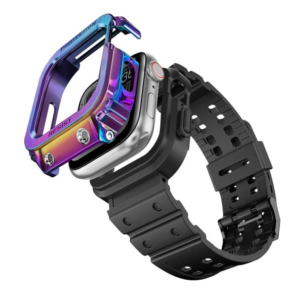 2 Apple Watch Band & Case amBand Moving Fortress Classic Stainless Steel Bumper with TPU Military Strap for Apple Watch Series 6/SE/5/4 40 mm - Nebula Purple Colorful - Image 2