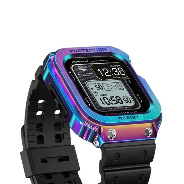 6 Apple Watch Band & Case amBand Moving Fortress Classic Stainless Steel Bumper with TPU Military Strap for Apple Watch Series 6/SE/5/4 40 mm - Nebula Purple Colorful - Image 6