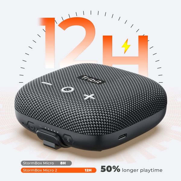 Tribit StormBox Micro 2 Portable Speaker 90dB Loud Sound Deep Bass IP67 Waterproof Small Speaker Built-in Strap, 12H Playtime, 120ft Bluetooth Range - black - Image 7