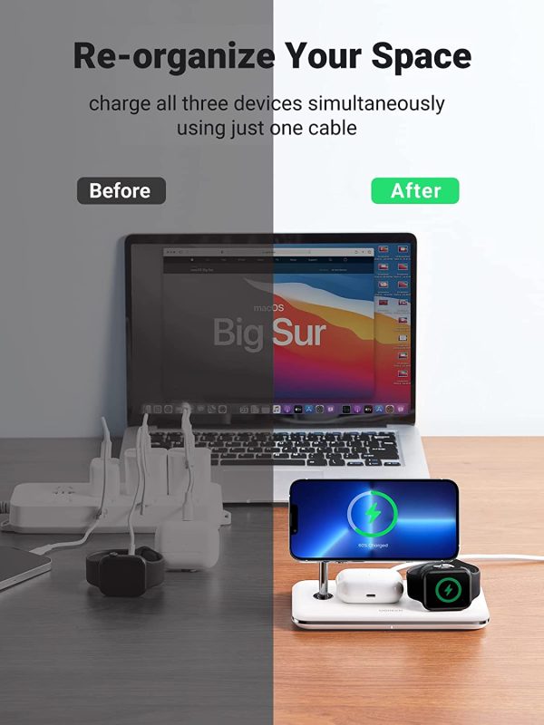UGREEN 3-in-1 MagSafe Wireless Charging Station, MFi-Certified 15W Fast Charging for iPhone 13/12 MagSafe Series, Wireless Charger Compatible with Apple Watch 7/6/5/4/3/2/1/SE, AirPods Pro/3/2 - White - 90326 - Image 7