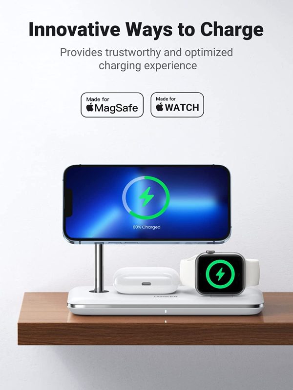 UGREEN 3-in-1 MagSafe Wireless Charging Station, MFi-Certified 15W Fast Charging for iPhone 13/12 MagSafe Series, Wireless Charger Compatible with Apple Watch 7/6/5/4/3/2/1/SE, AirPods Pro/3/2 - White - 90326 - Image 2