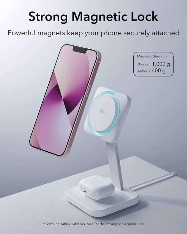ESR HaloLock 2-in-1 Wireless Charger with CryoBoost, Compatible with MagSafe Charger Stand, Phone-Cooling Fast Charging Compatible with iPhone 14/13/12, AirPods Pro/3/2, with Adapter, Arctic White - Image 8