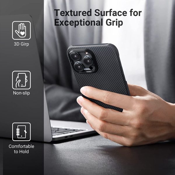 71bUY0RR3GL._AC_SL1500_ iPhone 14 Pro MagEZ Case 3 MagSafe Compatible Carbon Fiber Magnetic Case by PITAKA - Black / Grey Twill 600D - Image 5
