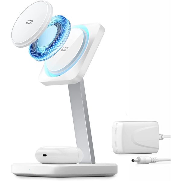 esr 2 in 1 halolock cryoboost wireless charger white ESR HaloLock 2-in-1 Wireless Charger with CryoBoost, Compatible with MagSafe Charger Stand, Phone-Cooling Fast Charging Compatible with iPhone 14/13/12, AirPods Pro/3/2, with Adapter, Arctic White - Image 1