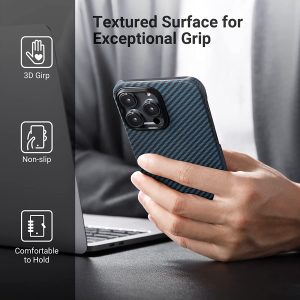 iPhone 14 Pro Max MagEZ Case 3 MagSafe Compatible Carbon Fiber Magnetic Case by PITAKA - Black / Blue Twill 1500D - Image 5