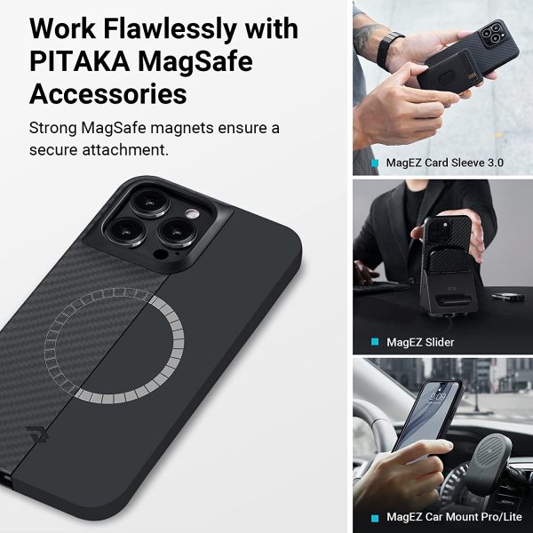 71rmq1CIT0L._AC_SL1500_ iPhone 14 Pro Max MagEZ Case Pro 3 MagSafe Compatible Military Drop Protection Carbon Fiber Magnetic Case by PITAKA - Black / Grey Twill 1500D - Image 7