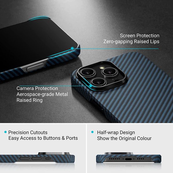 81EWlFspacL._AC_SL1500_ iPhone 14 Pro Max MagEZ Case 3 MagSafe Compatible Carbon Fiber Magnetic Case by PITAKA - Black / Blue Twill 1500D - Image 7