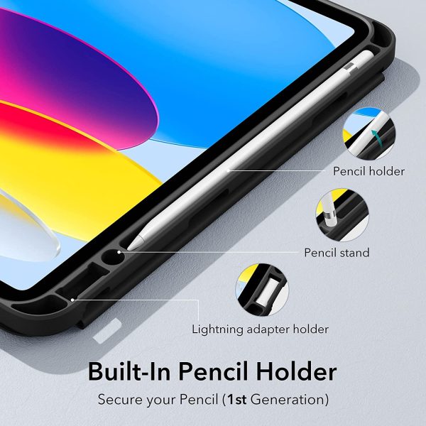 iPad 10.9 10th Gen 2022 Rebound Pencil Case with Built-in Pencil Holder, Flexible Back Cover, Trifold Stand, Auto Sleep/Wake - Black - BIS - Image 8