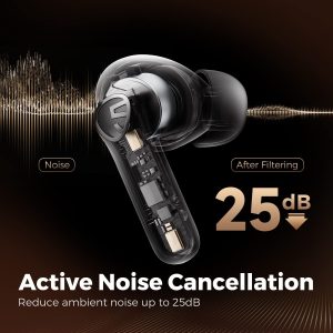 SoundPEATS Life Wireless Earbuds, Active Noise Cancelling Bluetooth 5.2 Headphones, Wireless Earphones with Dual Mic AI ENC for Clear Calls, Transparency Mode, 25 Hours of Playtime, Immersive Sound - Black - BB - Image 5
