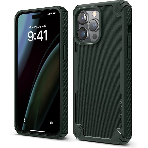 14 pro max elago dark green armor case iPhone 14 Pro Max Armor Case by elago US Military Grade Drop Protection, Heavy-Duty Protective, Carbon Fiber Texture, Tough Rugged Design, Shockproof Bumper Cover - Dark Green - Image 1