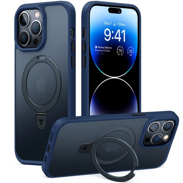 14 pro max navy blue torras ostand upro case magsafe iPhone 14 Pro Max UPRO OStand Case by Torras with Built in Stand for Vertical & Horizontal Prop up Phone, Magsafe Charging Compatible Shockproof Drop Protection - Navy Blue - Image 1
