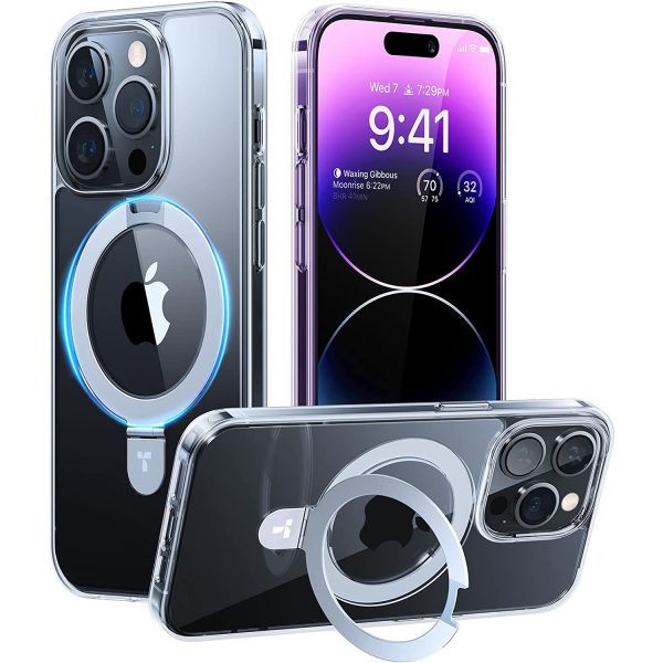 14 pro torras ustand opro clear case iPhone 14 Pro UPRO OStand Case by Torras with Built in Stand for Vertical & Horizontal Prop up Phone, Magsafe Charging Compatible Shockproof Drop Protection - Clear - Image 1