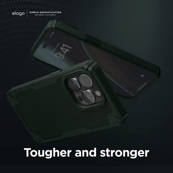71lzc5yozkL._AC_SL1500_ iPhone 14 Pro Max Armor Case by elago US Military Grade Drop Protection, Heavy-Duty Protective, Carbon Fiber Texture, Tough Rugged Design, Shockproof Bumper Cover - Dark Green - Image 3