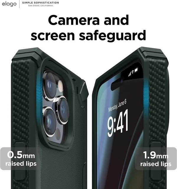 81yTsOmOazL._AC_SL1500_ iPhone 14 Pro Max Armor Case by elago US Military Grade Drop Protection, Heavy-Duty Protective, Carbon Fiber Texture, Tough Rugged Design, Shockproof Bumper Cover - Dark Green - Image 5