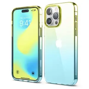 iPhone 14 Pro Max Aurora Case by elago Two Tone Gradient Design TPU Based Raised Edges to Protect Screen & Camera - Yellow / Blue