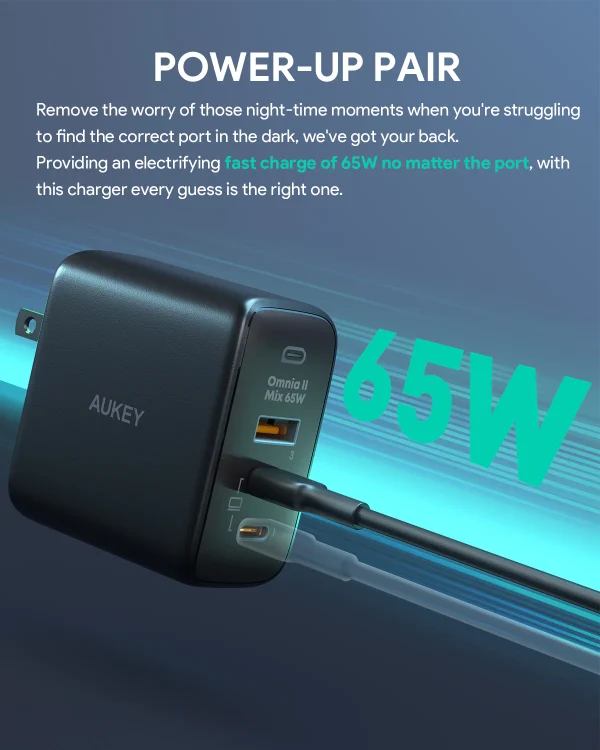 Aukey Omnia II 65w Power Delivery & Super Fast Charging (PPS) Wall Charger PA-B6T - Image 7