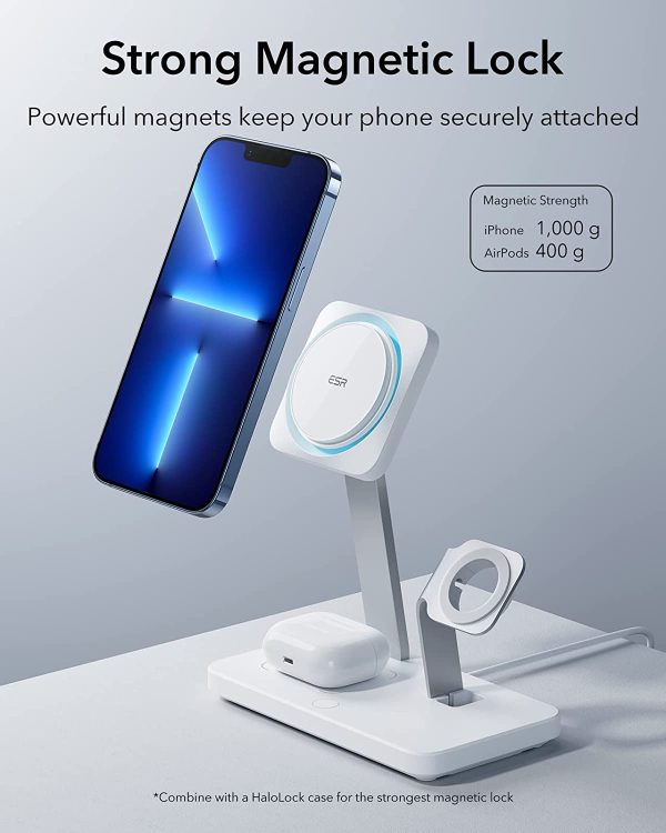 ESR HaloLock 3 in 1 Wireless Charger with CryoBoost, Compatible with MagSafe Charger Stand, Phone-Cooling Fast Charging Compatible with iPhone 14/13/12, AirPods Pro/3/2, with Adapter, Arctic White - Image 4