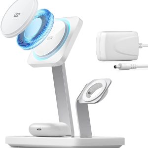 ESR HaloLock 3 in 1 Wireless Charger with CryoBoost, Compatible with MagSafe Charger Stand, Phone-Cooling Fast Charging Compatible with iPhone 14/13/12, AirPods Pro/3/2, with Adapter, Arctic White