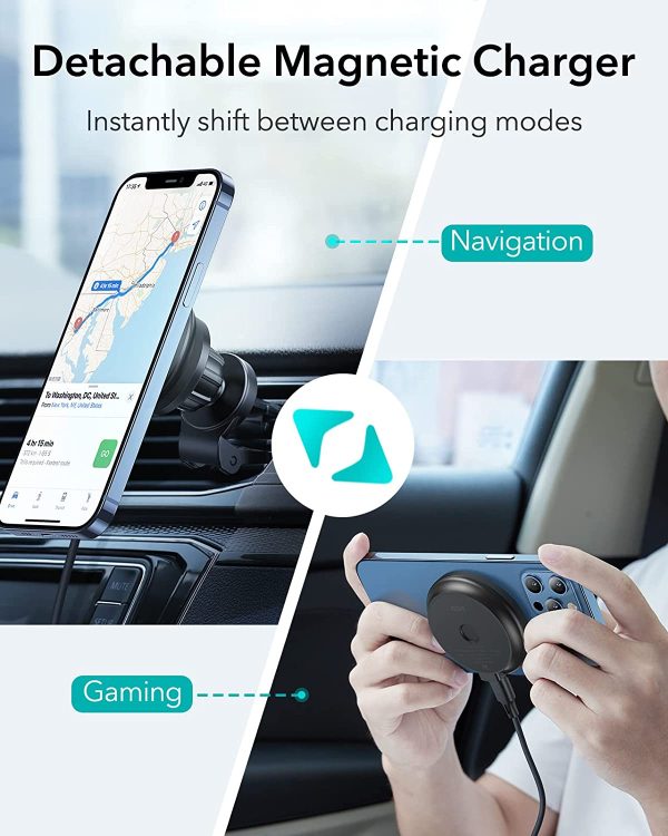 71tMkwbeXhL._AC_SL1500_ ESR Shift Wireless Car Charger (HaloLock), Compatible with MagSafe Car Charger, 2 Charging Modes, Detachable Fast Charging Pad, Car Phone Holder Mount for iPhone 14/13/12 Series, Car Accessories - Image 4