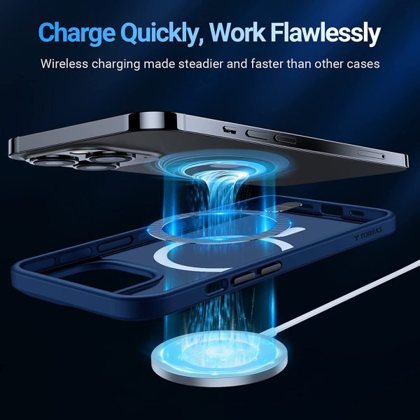 71hcJ8QhRtL._AC_SL1500_ iPhone 13 Pro Max Magnetic Guardian Case with Military Grade Drop Tested, Compatible with MagSafe, Slim Translucent Matte Case by Torras - Navy Blue - Image 5
