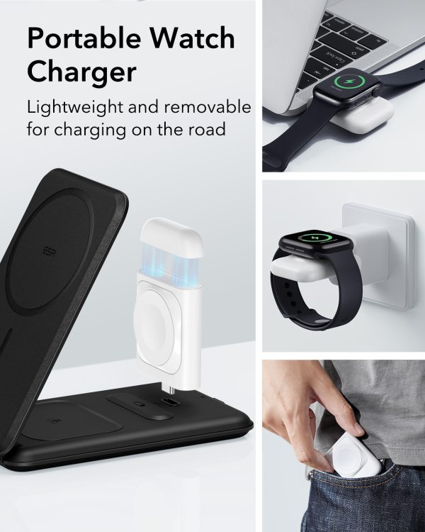 ESR 3 in 1 Wireless Travel Charging Station HaloLock, MagSafe Charger, Made for Apple Watch Certified, Foldable Magnetic Wireless Charger for iPhone 14/13/12, AirPods Pro/3/2, Adjustable 2-Way Stand, Black - BIS - Image 7