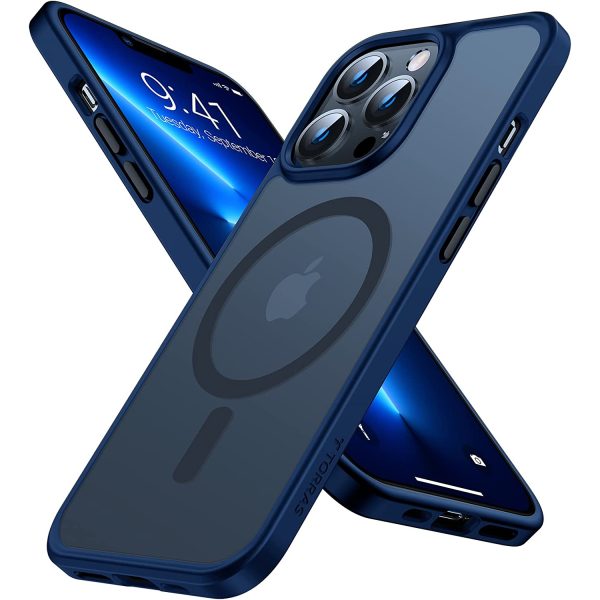 torras guardian magnetic 13 pro max blue iPhone 13 Pro Max Magnetic Guardian Case with Military Grade Drop Tested, Compatible with MagSafe, Slim Translucent Matte Case by Torras - Navy Blue - Image 1