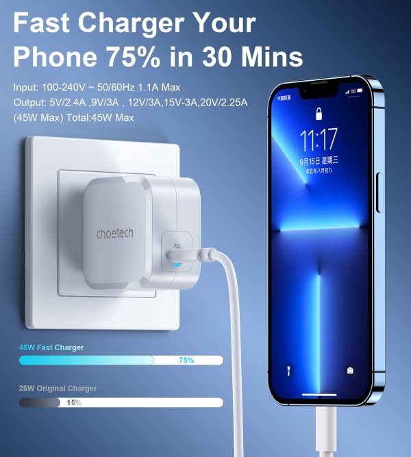 04-2 Choetech USB-C PD 45W GaN Type-C Wall Charger with PPS for Samsung Super Fast Charging – US Plug – White - PD8007 - Image 4