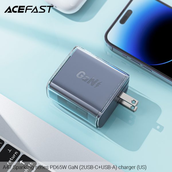 Acefast PD 65W GaN3 Wall Charger A47 Crystal Series  2 Type-C+1 USB Phone Fast Charging Adapter Black with PPS Support - US Plug - Image 2