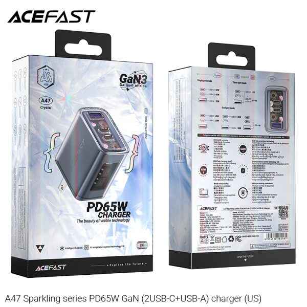 Acefast PD 65W GaN3 Wall Charger A47 Crystal Series  2 Type-C+1 USB Phone Fast Charging Adapter Black with PPS Support - US Plug - Image 4