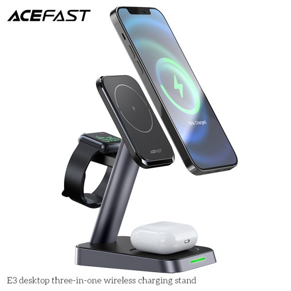 Acefast Desktop 3 in 1 Wireless Charger for iPhone, Airpods & Apple Watch - E3 - Black - Image 3