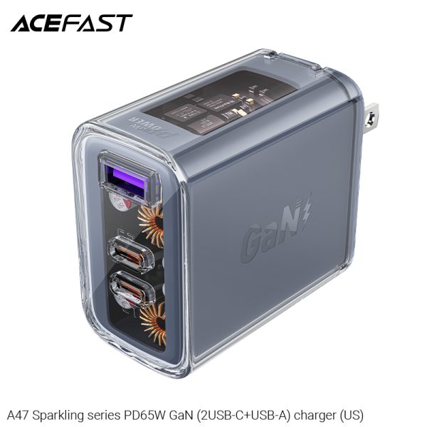 Acefast PD 65W GaN3 Wall Charger A47 Crystal Series  2 Type-C+1 USB Phone Fast Charging Adapter Black with PPS Support - US Plug - Image 3