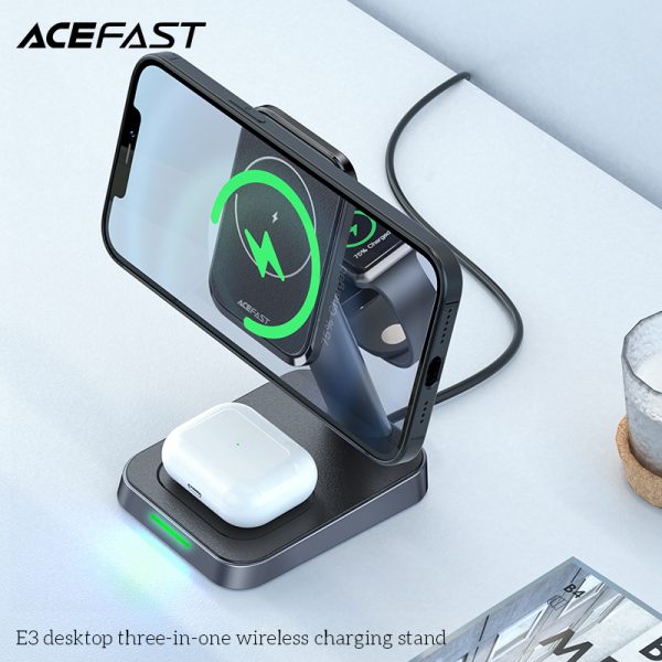 Acefast Desktop 3 in 1 Wireless Charger for iPhone, Airpods & Apple Watch - E3 - Black - Image 2