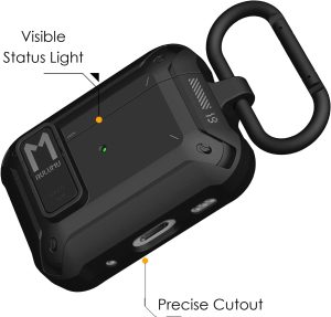 AirPods Pro 2022 / 2019 Aulumu A19 AirPods Pro Case with Lock Full-Body Protective Tough Cover with Keychain - Black - Image 2