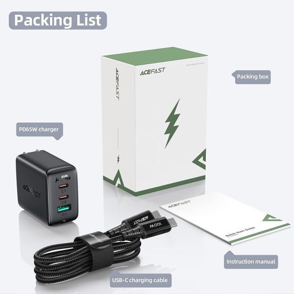 61oySzJXvIL._AC_SL1500_ Acefast PD 65W GaN Fast Charge Wall Charger A15 - USB-C + USB-C + USB-A 3-port charger Black with FREE 1 USB C to USB C Cable - US Plug - Image 4