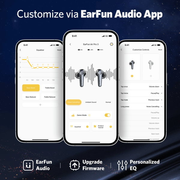EarFun Air Pro 3 Noise Cancelling Wireless Earbuds Qualcomm® aptX™ Adaptive Sound 6 Mics CVC 8.0 ENC Bluetooth 5.3 Earbuds Multipoint Connection 45H Playtime App Customize EQ Wireless Charging - Black - Image 2
