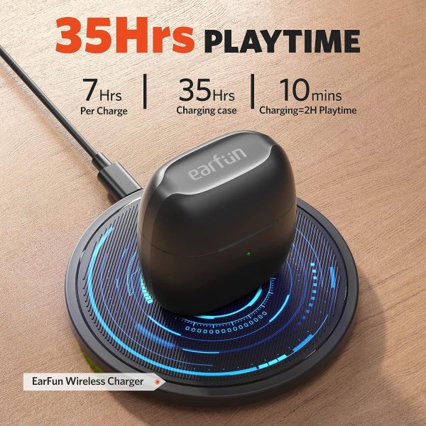 EarFun Air Wireless Earbuds Bluetooth Earbuds with 4 Mics Sweatshield IPX7 Waterproof Game Mode Wireless Charging Deep Bass USB-C Fast Charge 35Hrs - Black - Image 2